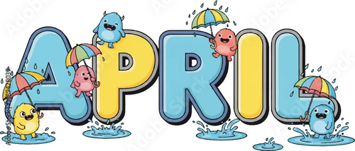 Colorful illustration of April with cartoon characters enjoying rain