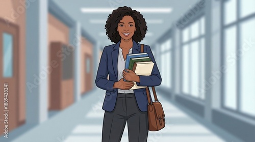Black female professor with books illustration teacher in school hallway