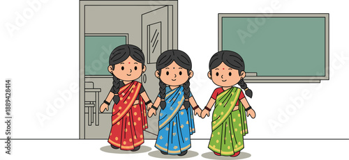 Cute cartoon illustration of Indian school girls wearing saree, holding hands inside classroom, traditional education and culture concept