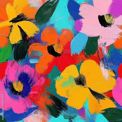 Vibrant expressive painting of bold colorful flowers with thick brushstrokes, dark centers and leafy accents, joyful energetic abstract floral composition
