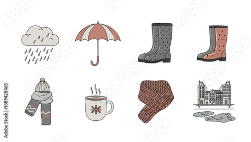 Flat lay of various England travel icons including landmarks, transportation, and travel documents on a white background with a mix of red, blue, and neutral tones.