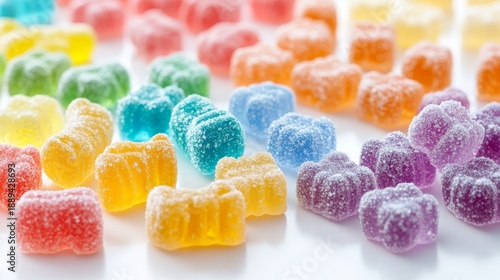 Premium collection of artisanal jelly sweets beautifully displayed on bright white surface, showcasing translucent gummy bears in primary colors, rainbow sour belts coiled naturally, crystal-clear
