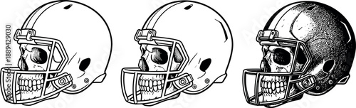 Football Helmet Skull Triptych Vector Silhouette Black and White Cricut Design, American Football Skeleton Mask Tattoo Set for Sport Team Mascots and Edgy Apparel