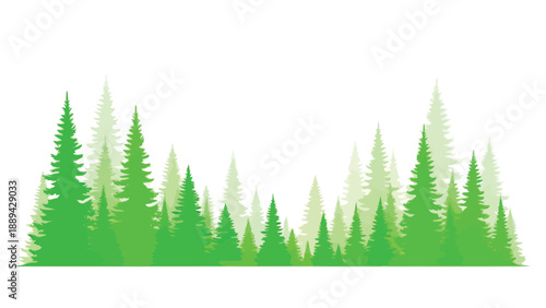 A stylized illustration depicts a dense forest of varying green coniferous trees