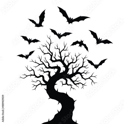 A stark silhouetted tree with numerous bats flying around it creating a spooky scene