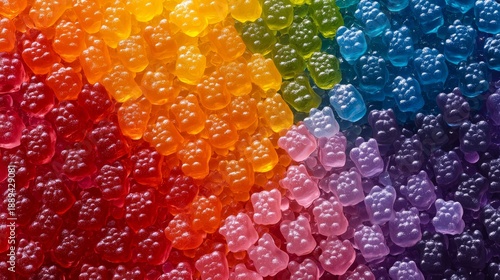 Delightful uniform arrangement of miniature gummy bears in a spectrum of vivid colors from red to purple, positioned in alternating directions to create a continuous interlocking pattern with subtle