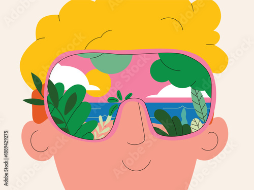 A man wears VR goggles reflecting a tropical beach with a sky, sun, sea, and lush greenery. Minimalist illustration symbolizing using virtual reality to experience a tropical paradise and nature