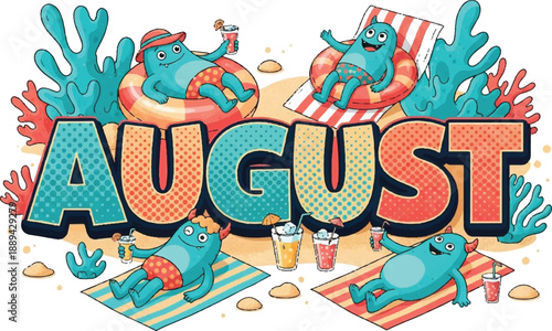 Summer vacation scene with cartoon characters enjoying leisure activities on a beach