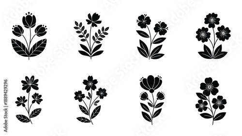 Black floral silhouettes showcase a variety of botanical arrangements and delicate leaf patterns