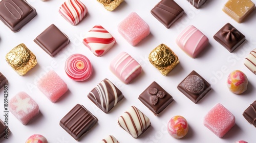 Meticulously arranged professional product photography of comprehensive candy collection against white background featuring individually wrapped chocolate squares with visible gold foil edges,