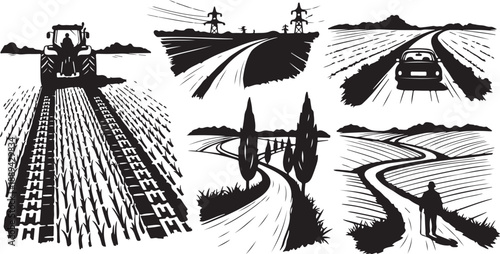 Rural landscapes with roads and fields in black and white