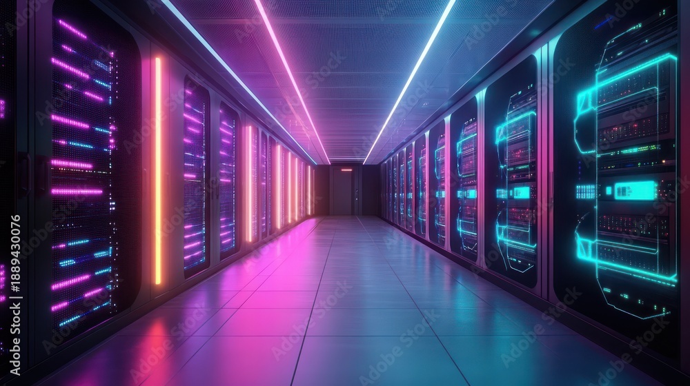 Obraz premium neon-lit data center corridor with glowing server racks, mirrored tiled floor and sleek futuristic cyberpunk atmosphere