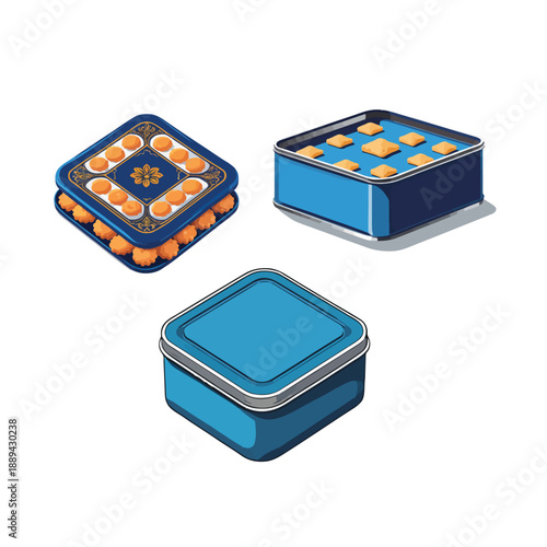 Blue Square Cracker Tin Kaleng Kerupuk Vector, Traditional Indonesian Food Container Icon Isolated