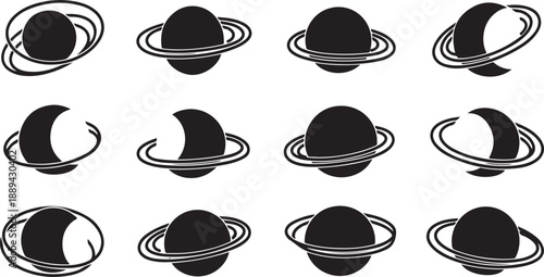 Saturn planet with rings in various phases illustration set