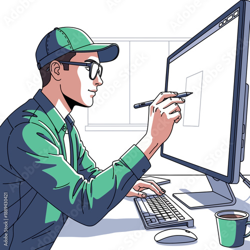 Graphic designer creating digital art on computer with stylus