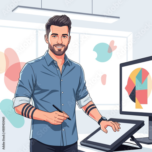 Graphic designer working on digital tablet and computer with abstract art