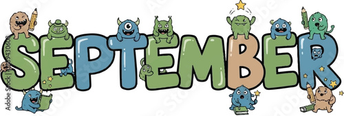 Colorful cartoon characters decorating the word September in a playful illustration