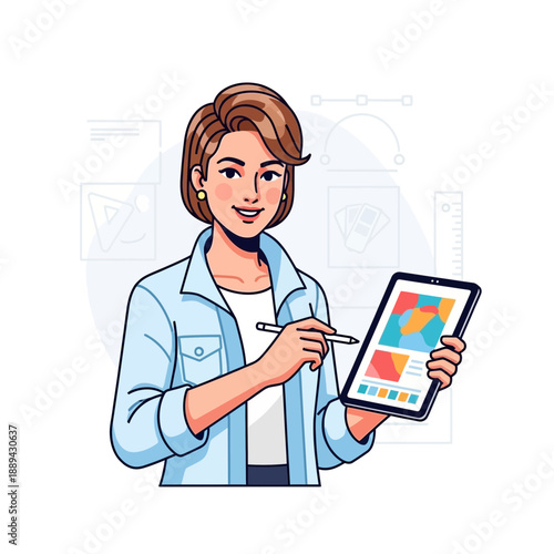 Woman designer using tablet with graphic elements and tools