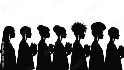 Silhouettes of african women reading books against a stark white background representing knowledge