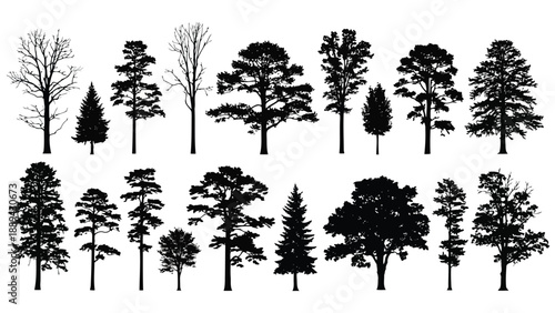 A collection of various black silhouette trees against a plain white background