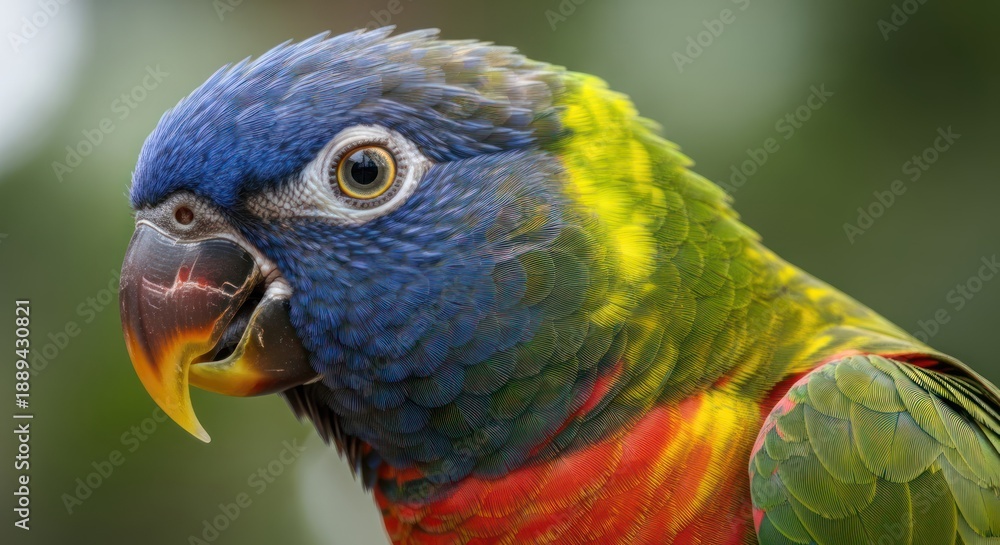 Obraz premium A close-up of a colorful parrot with a vibrant plumage of blue, yellow, green, and red, set against a blurred green background.