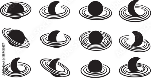 Saturn planet with rings in various phases illustration set