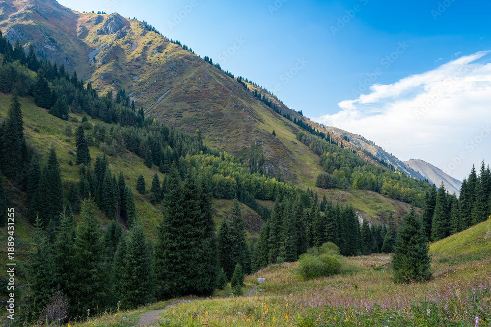 Fototapeta premium A picturesque mountain landscape near Almaty, Kazakhstan. A popular tourist destination in the Tien Shan Mountains.