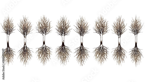 A symmetrical arrangement of bare slender trees with visible roots on a white background