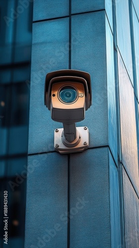 Wallpaper Mural Close-up of a vigilant security camera mounted on a modern glass and panelled building facade, cool blue tones conveying watchful urban surveillance Torontodigital.ca
