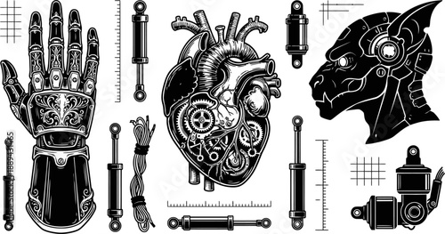 Cybernetic body parts and mechanical components vector illustration
