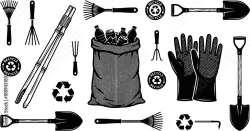Environmental cleaning and recycling tools set vector illustration