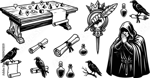 Fantasy medieval strategy table and wizard icons vector illustration