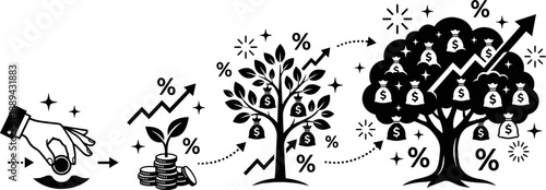 Financial growth and investment stages money tree vector illustration
