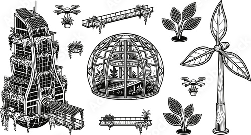 Futuristic eco city architecture and sustainable energy elements vector illustration