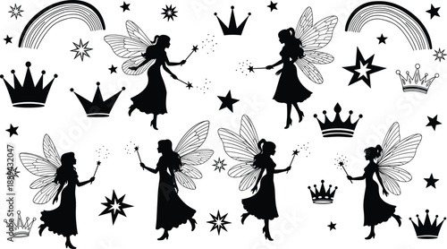Fairy silhouette seamless pattern with magic wand, wings, crowns, stars and rainbows, black and white fantasy illustration background