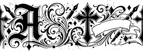 Gothic calligraphy ornament with letter A and crosses vector illustration