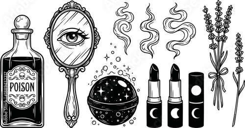 Gothic mystical items and occult beauty tools vector illustration