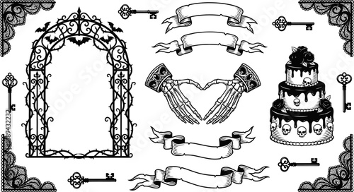 Gothic wedding and Halloween decoration elements set vector illustration
