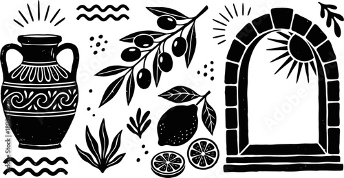 Hand drawn Mediterranean icons set vector illustration