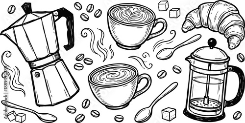 Hand drawn coffee and breakfast set vector illustration