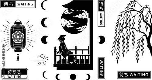 Japanese woman waiting and traditional design elements vector illustration