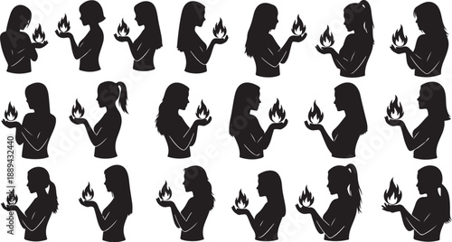 Silhouette of women holding candles in various poses and emotions