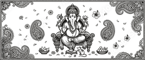 Lord Ganesha sitting on throne with paisley patterns vector illustration