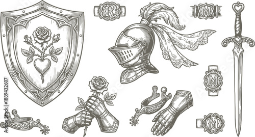 Medieval chivalry items and heraldic symbols vector illustration