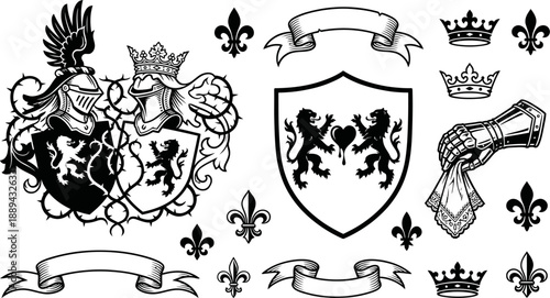 Medieval heraldry collection with knight helmets and shields vector illustration