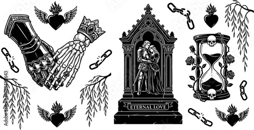 Medieval gothic romance elements and eternal love vector illustration