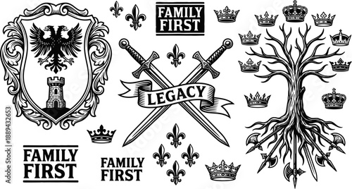 Medieval heraldry icons and family legacy emblems vector set