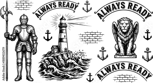 Medieval knight lighthouse and winged lion vintage vector illustration
