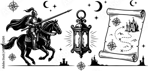 Medieval knight on horse with treasure map vector illustration