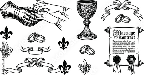 Medieval wedding ceremony elements and icons vector illustration